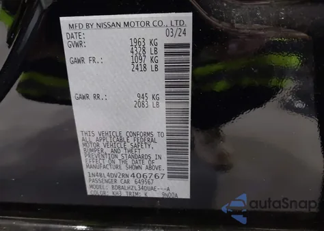 2024 Nissan Altima Sv Fwd из США, поврежденный, VIN 1N4BL4DV2RN406767